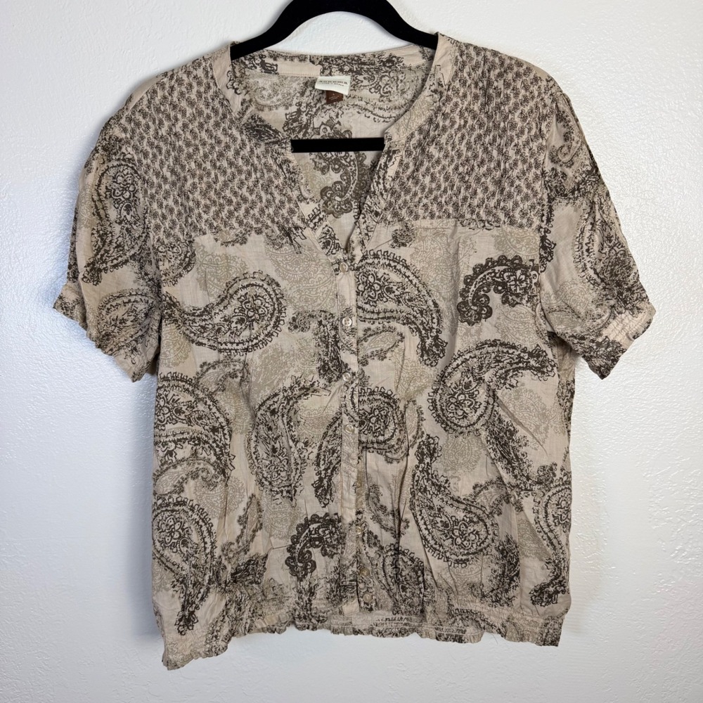 Sonoma Life Style Womens L Cotton Paisley Smocked Hem Blouse Boho Fall Earthy